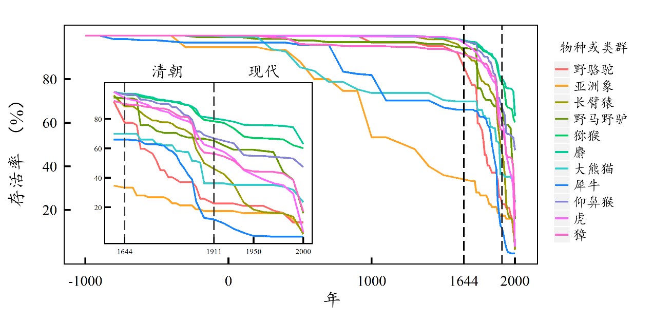 图1. 我国公元前905年到2006年11种大中型哺乳动物种群衰退和生存率变化（存活网格比例）。